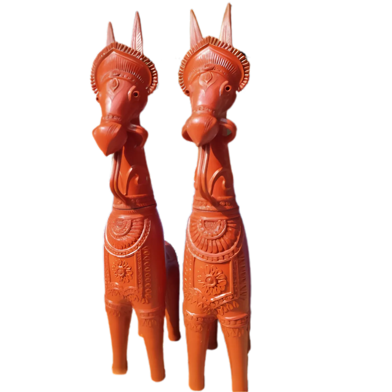 Famous Terracotta Bankura Horse
Made of fired clay.
Given Price is for the size specified. 
Avalable size range is from 6 inch to 6 feet. 
contact us for size customization.
